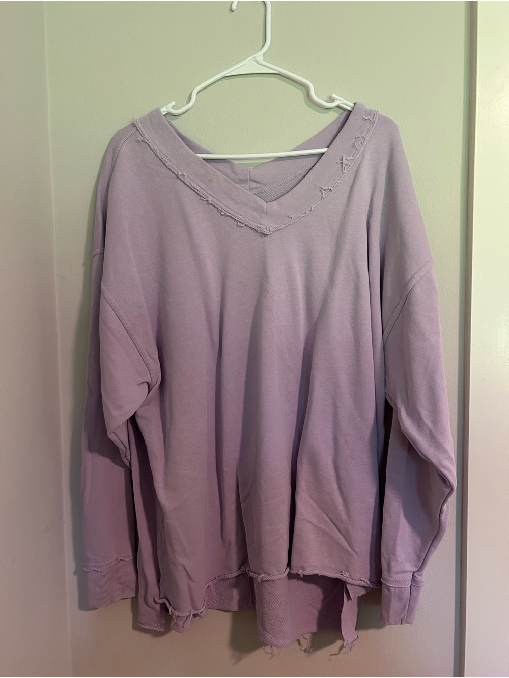 Jadelynn Brooke Club Social Lavender Distressed V-Neck Oversized Sweatshirt
